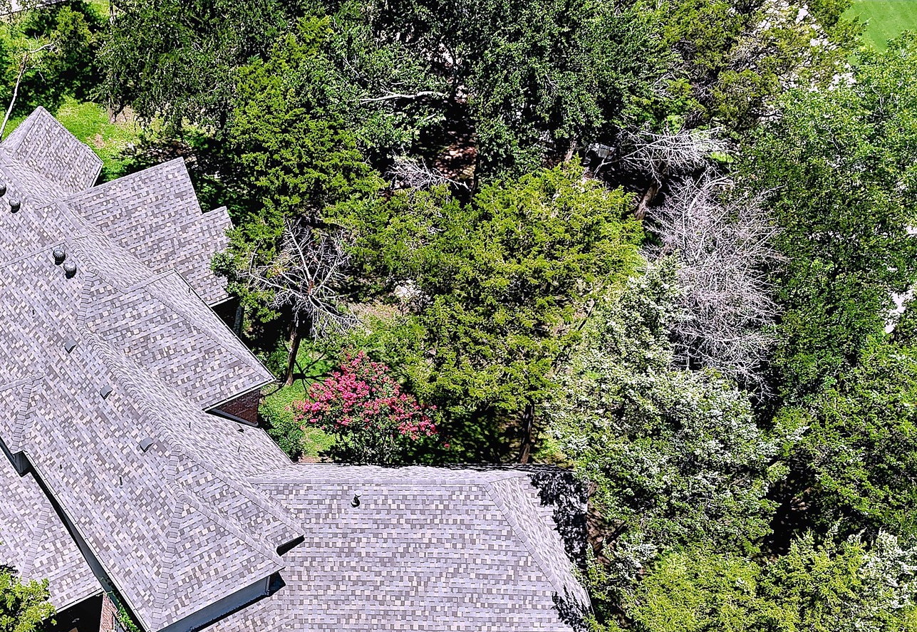A shaded lot with a new weathered grey shingle roof seen from above